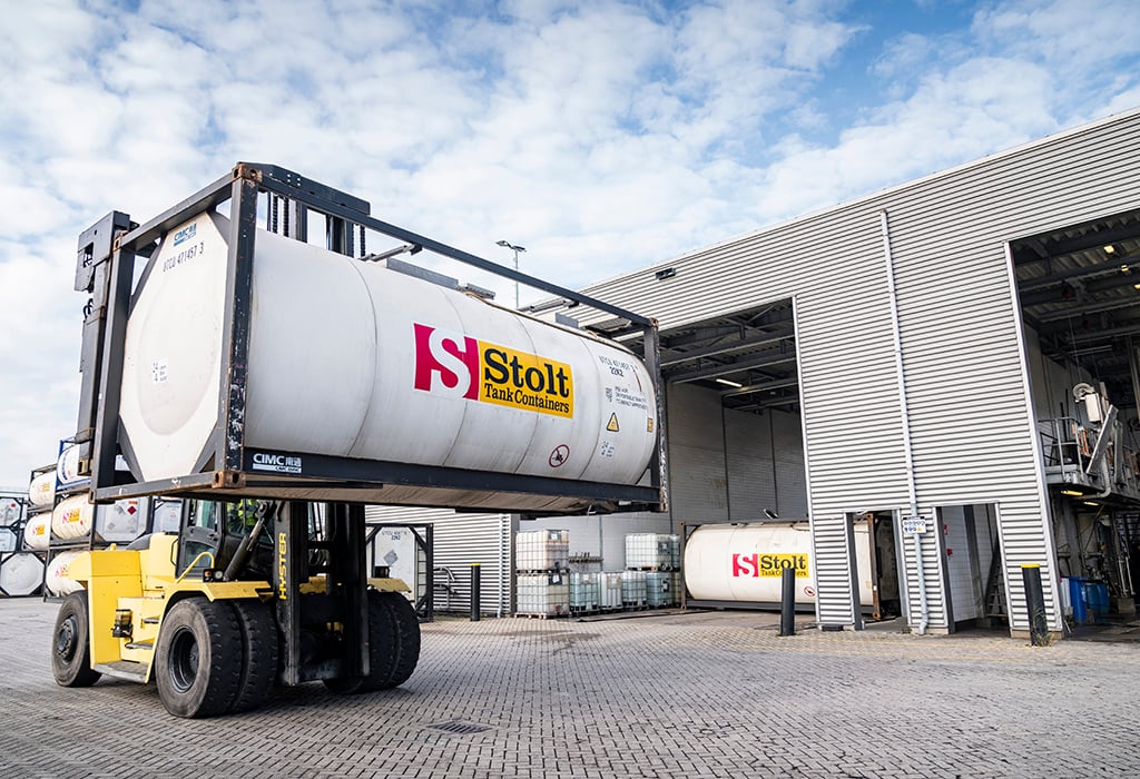 Forklift truck with ISO tank container in tank container 