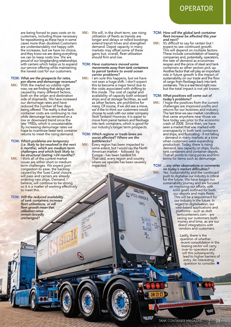 Article in Tank Container Magazine with Mike Kramer